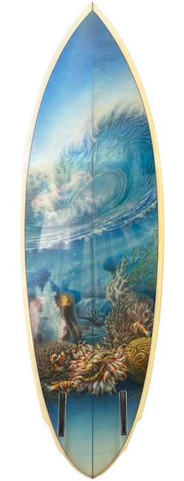 Phil Roberts mural masterpiece on MTB twin-fin surfboard (1981)